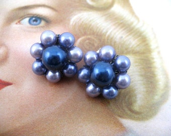 Vintage Cluster Beaded Earrings ~ Clip On ~ Lavender & Purple Pearl Beads