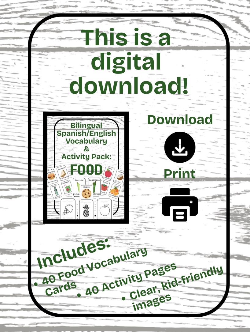 Bilingual Food Vocabulary Cards: English & Spanish Learning (printable ...