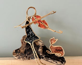 The violinist with the cat figurines in reinforced kraft string and paper on driftwood original creation gift musician violin teacher
