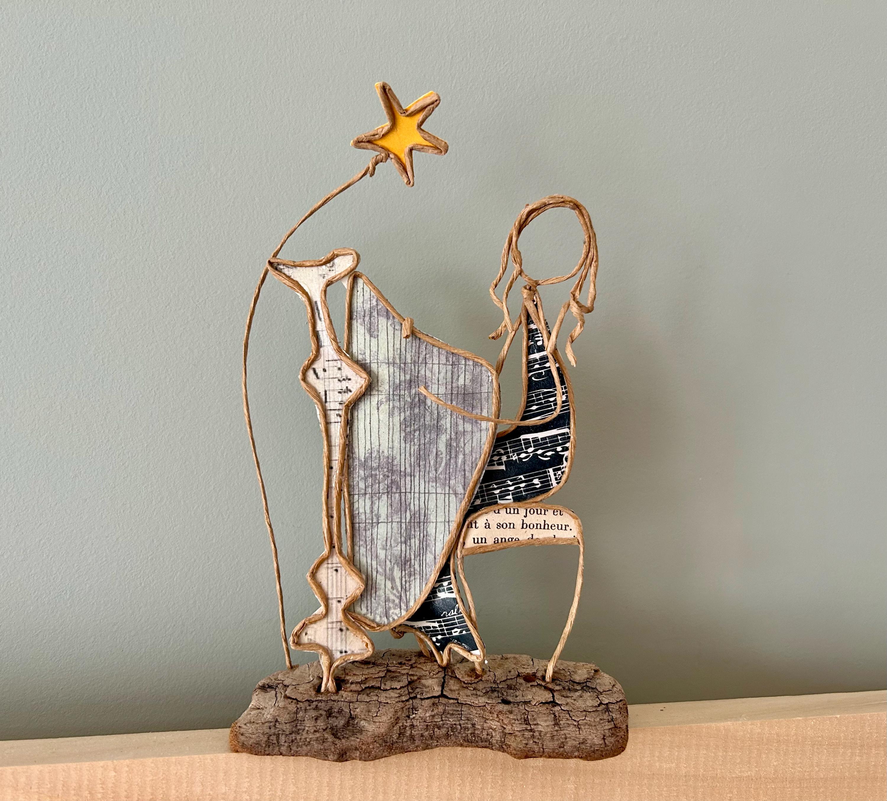 Harpist sculpture in reinforced kraft twine and paper on driftwood base original creation gift musician harp music
