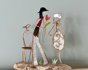 Declaration of love sculpture in reinforced kraft twine and paper on driftwood base original gift lovers flowers hearts
