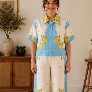 One-of-a-Kind Handmade Lemon Two-Piece Set | Upcycled Italian Tablecloth Outfit | Blue Gingham Shirt and Cropped Pants Co-ord