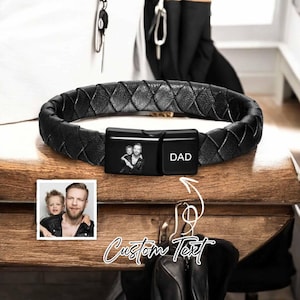 Custom Photo Leather Bracelet for Men | Engraved Bracelet | Father&#39;s Day Gift | Memorial Jewelry | Personalized Gift for Him, Gift For Dad