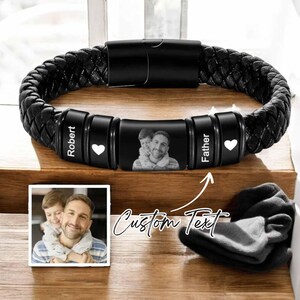 Custom Engraved Photo Bracelet | Personalized Leather Bracelet for Men | Name Charm Jewelry | Dainty Custom Gift | Gift for Her