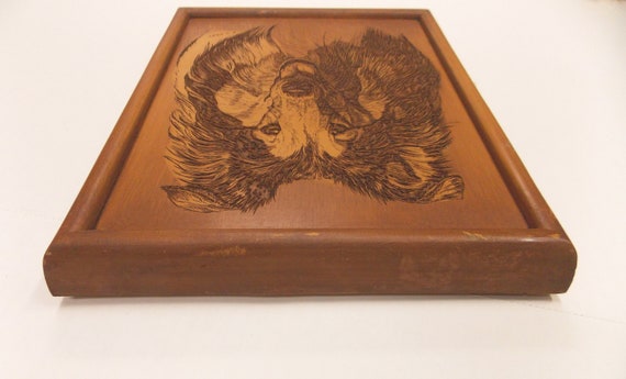 Vintage Framed Collie Portrait Carved In Wood Etched Wood Dog Portrait
