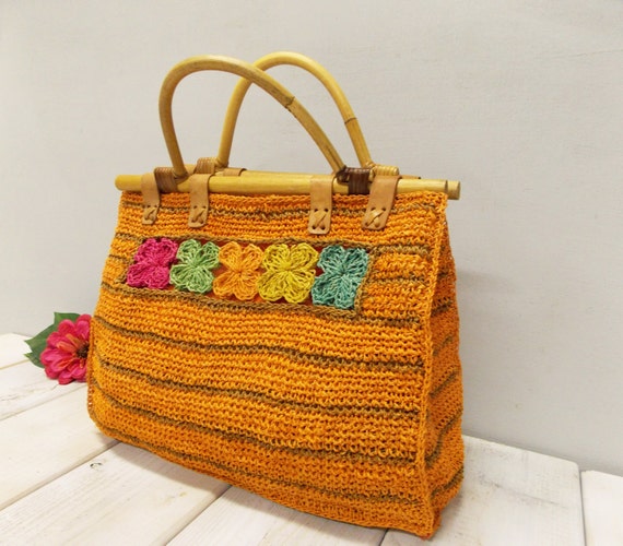 Vintage Raffia Tote Bag Orange Crochet Raffia with | Etsy