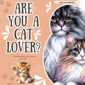 91 cute kittens in watercolour - Illustrations of cats of various breeds and colours in different poses. Perfect for any design. Clipart PNG