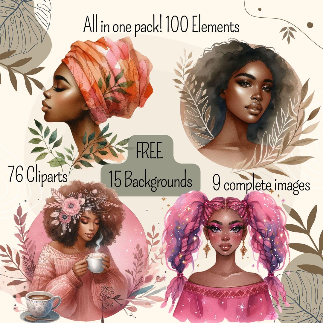 100 Elements Chic and Boho Pack: African American Woman Watercolor ...