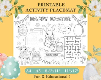 Easter Activity Placemat | Kids Games, Coloring, Puzzles (PDF Printable)