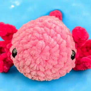 May include: A handmade, plush axolotl toy in shades of pink and red. The body is a soft, textured pink, with bright red gills and accents. The axolotl has black safety eyes and is set against a light blue background.