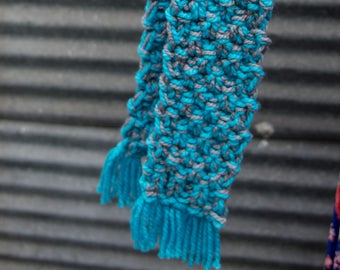 Turquoise and Grey Children's Chunky Scarf with fringe, Ready to ship