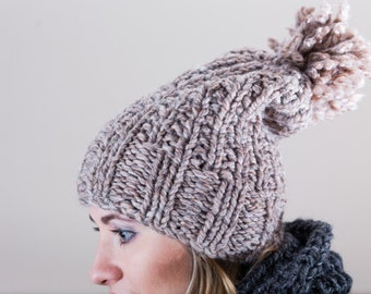 Taupe Slouchy HandKnit Hat with Pompom, Light Brown knitted hat gift, READY TO SHIP