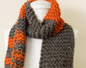 Orange and Taupe Brown Kid's striped hand knit scarf, Ready to ship