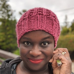 Raspberry Pink Handknit Beanie Hat, Ready to ship image 1