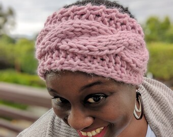 Pink Chunky Handknit Cable Headband, READY TO SHIP. Light blush headband perfect gift