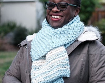 Light Baby Blue and White off-white Long Unisex Fibonacci Sequence Hand Knit Scarf, READY TO SHIP