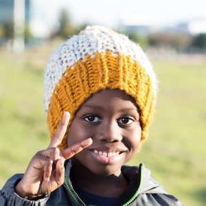 Yellow and Beige Hand Knit Children's Hat with Pompom, Made to order. Butterscotch Yellow and Oatmeal Beanie. image 1