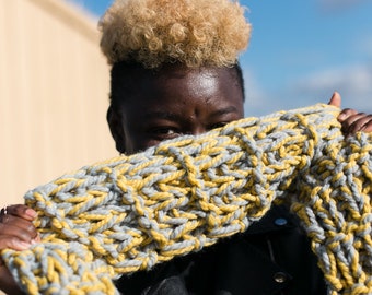 Citron Yellow and Grey Medium Length Textured Hand Knit Scarf, READY TO SHIP