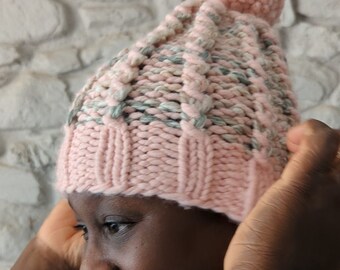 Pink and green twist chunky Handknit hat with Pompom for women, Beanie Hat for teens, Ready to ship