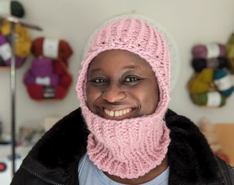 Handknit Beanie Balaclava, pink Handmade Hat and neckwarmer combo Set, Lavender hat Gift for Her - READY TO SHIP