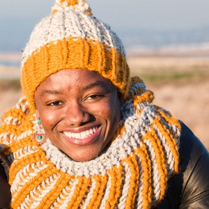 Yellow and Beige Hand Knit Children's Hat with Pompom, Made to order. Butterscotch Yellow and Oatmeal Beanie. image 8