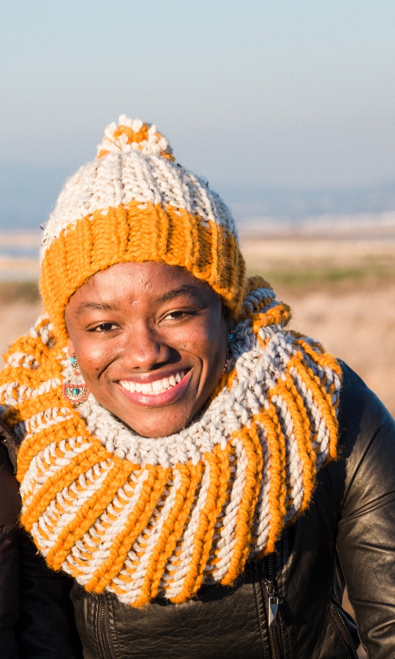 Yellow and Beige Hand Knit Children's Hat with Pompom, Made to order. Butterscotch Yellow and Oatmeal Beanie. image 8