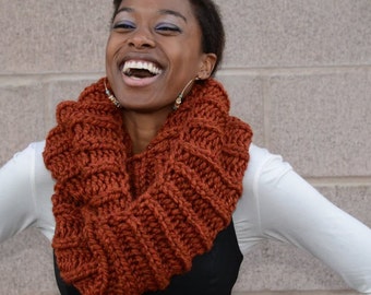 Chunky Orange Infinity Scarf, Handknit Burnt Orange Circle Scarf, Women's Handmade Winter Knitted Infinity Scarf, READY TO SHIP