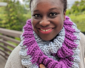 Pink and Silver Grey Chunky Infinity Scarf, Handknit Magenta circle scarf, Handknitted Infinity scarf gift for her, Ready to Ship