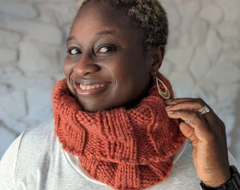 Recycled Yarn Orange handknit cowl Neckwarmer, Cinnamon Orange Cowl scarf, READY TO SHIP