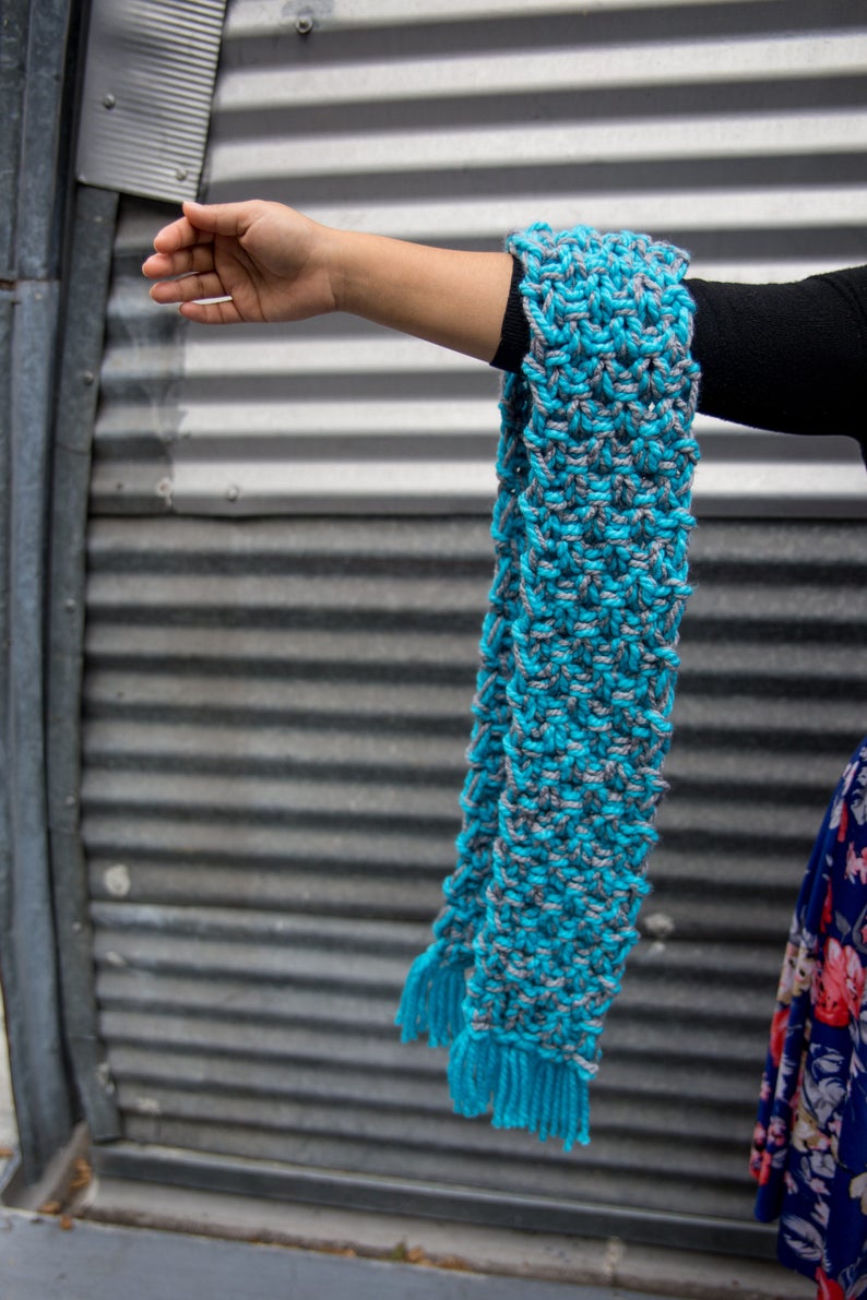 Turquoise and Grey Children's Chunky Scarf with fringe, Ready to ship image 1