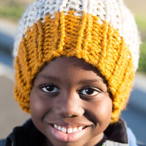 Yellow and Beige Hand Knit Children's Hat with Pompom, Made to order. Butterscotch Yellow and Oatmeal Beanie. image 2