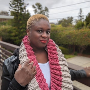 Multicolor Chunky Hand knitted Infinity Scarf for teens, Pink and Cream Handmade circle scarf, Ready to Ship image 7