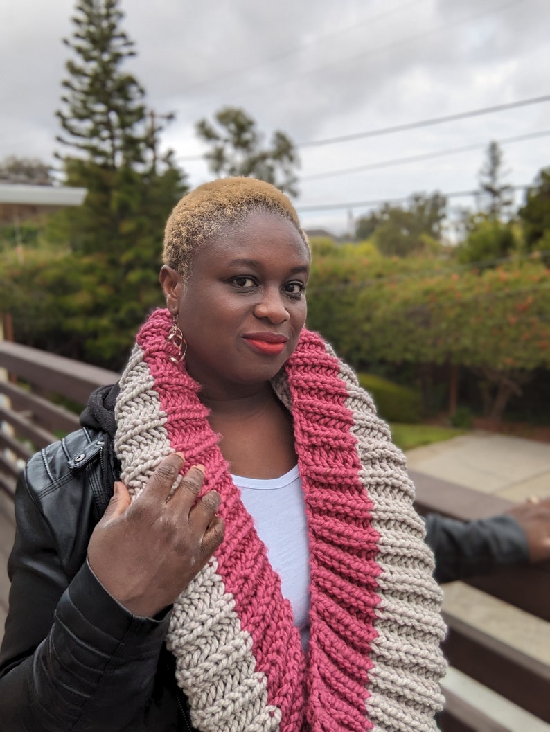 Multicolor Chunky Hand knitted Infinity Scarf for teens, Pink and Cream Handmade circle scarf, Ready to Ship image 7