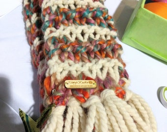 Multicolored and white Children's Chunky Scarf with fringe, Ready to ship