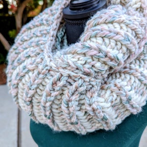 Pink, Green and White Striped Chunky Handknit Infinity Scarf, READY TO SHIP image 9