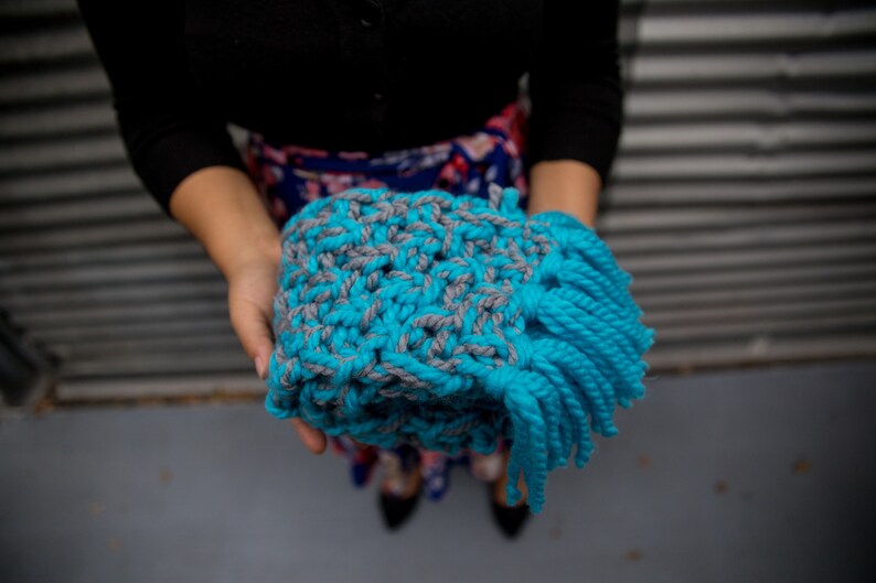 Turquoise and Grey Children's Chunky Scarf with fringe, Ready to ship image 3