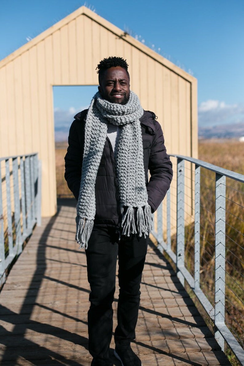 Handknit Scarf for Men. Grey Long knit scarf gift for father. Textured Beige Hand Knit Scarf with fringe, MADE TO ORDER image 2