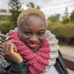 Multicolor Chunky Hand knitted Infinity Scarf for teens, Pink and Cream Handmade circle scarf, Ready to Ship image 3