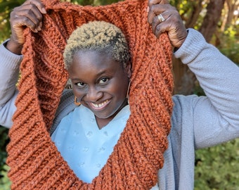 Fall Orange Leaves Infinity Scarf.  Burnt Orange Stylish Fall Accessory, Handknit Chunky Circle Scarf for men & women, READY TO SHIP