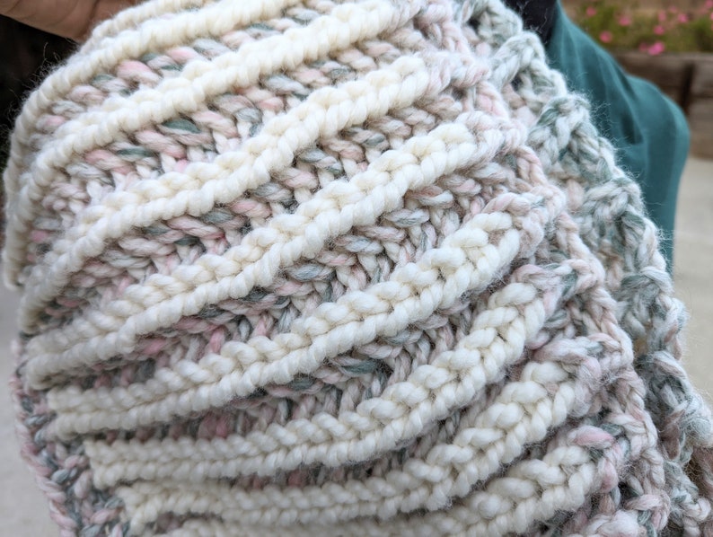 Pink, Green and White Striped Chunky Handknit Infinity Scarf, READY TO SHIP image 10
