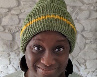 Handmade Slouchy striped hat, green handmade machine knit hat with yellow stripe, pink and purple hat for women, Ready to Ship