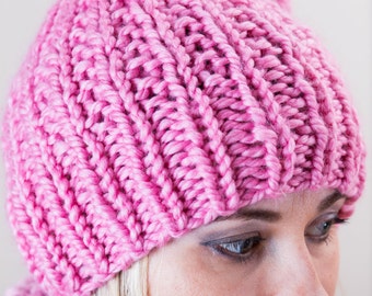 Barbie Pink Chunky Slouchy Hand Knit Hat with Pompom, Bubblegum pink knitted hat