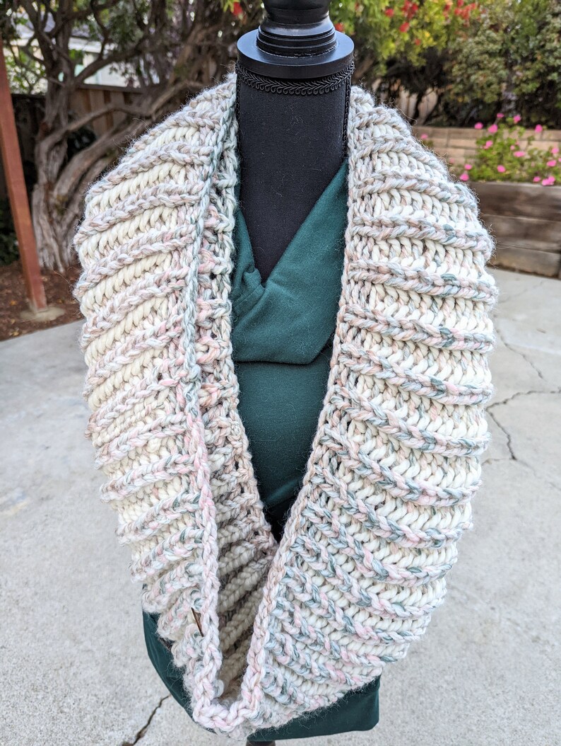 Pink, Green and White Striped Chunky Handknit Infinity Scarf, READY TO SHIP image 8