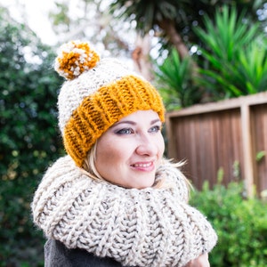 Yellow and Beige Hand Knit Children's Hat with Pompom, Made to order. Butterscotch Yellow and Oatmeal Beanie. image 4