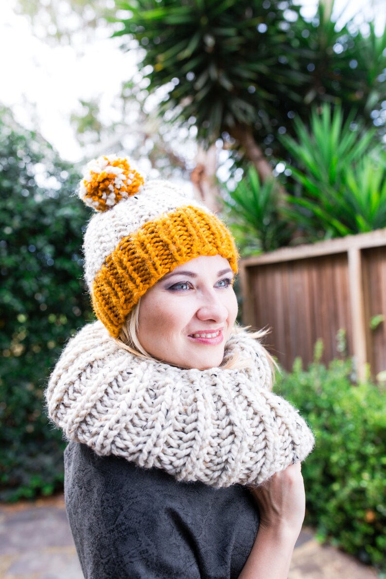 Yellow and Beige Hand Knit Children's Hat with Pompom, Made to order. Butterscotch Yellow and Oatmeal Beanie. image 4