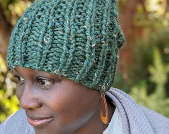 Fall Green Slouchy Chunky HandKnit Hat, Gift hat for father, fall colors hat for women