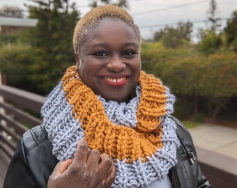 Mustard Yellow and Silver Grey Multicolor Chunky Infinity Scarf - Handknit, Ready to Ship