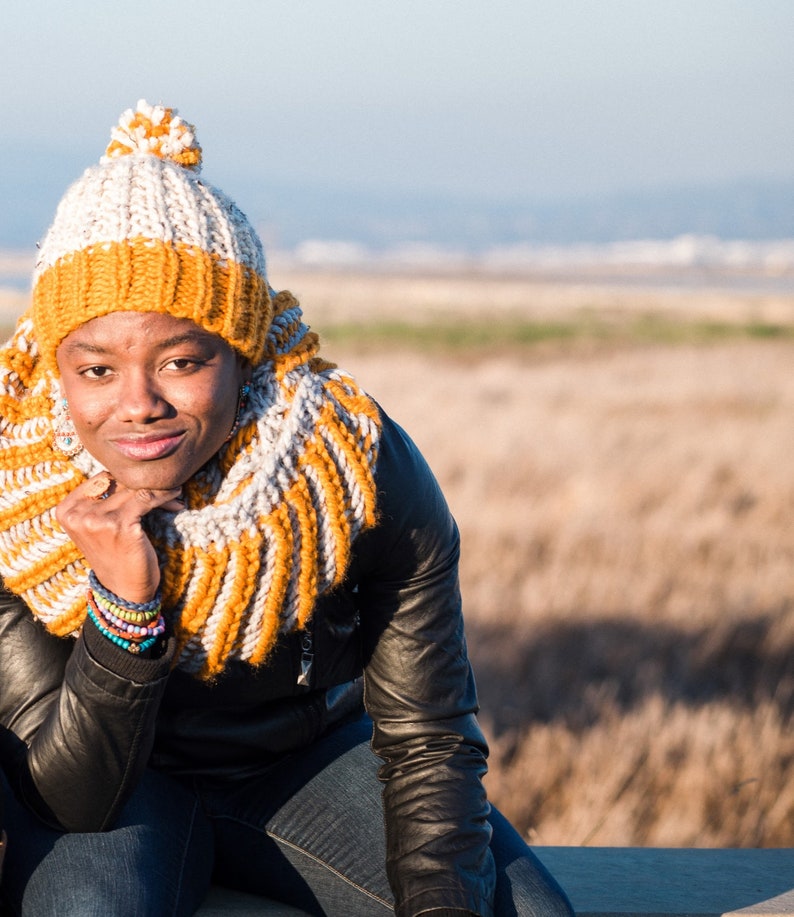 Yellow and Beige Hand Knit Children's Hat with Pompom, Made to order. Butterscotch Yellow and Oatmeal Beanie. image 9