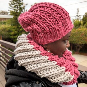 Multicolor Chunky Hand knitted Infinity Scarf for teens, Pink and Cream Handmade circle scarf, Ready to Ship image 10