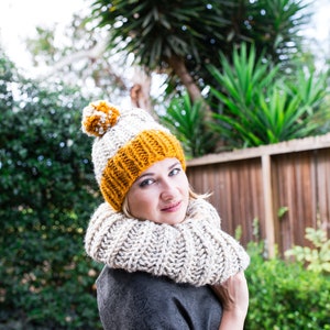 Yellow and Beige Hand Knit Children's Hat with Pompom, Made to order. Butterscotch Yellow and Oatmeal Beanie. image 10